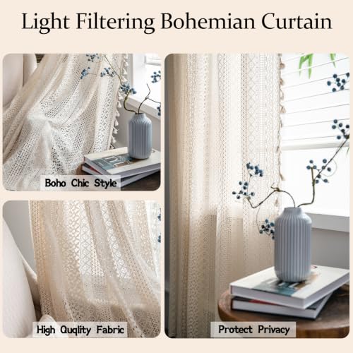 Sutuo Home Boho Curtain Crochet Lace Semi-Sheer Bohemian Hollow Knitted Handmade Tassels, Rod Pocket Window Treatment Vintage Rustic Farmhouse Drapes for Bedroom, 1 Panel 59" W x 96" L, Beige - color: Beige Crochet, size: 59"W x 96"L (Pack of 1)