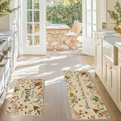 Spring Summer Kitchen Mats Vintage Florals Bird Low Profile Rugs