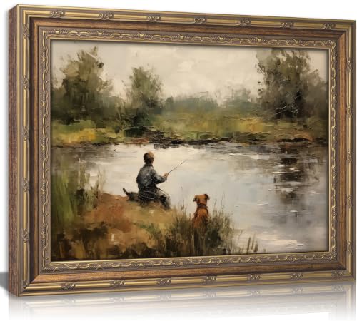Vintage Gold Framed Wall Art Boy Fishing Country Oil Painting Canvas Prints Peaceful Lake Landscape with Dog Picture Rustic Farmhouse Poster Artwork for Nursery Living Room Bedroom, 9x11in - color: Boy Fishing, size: 11"L x 9"W