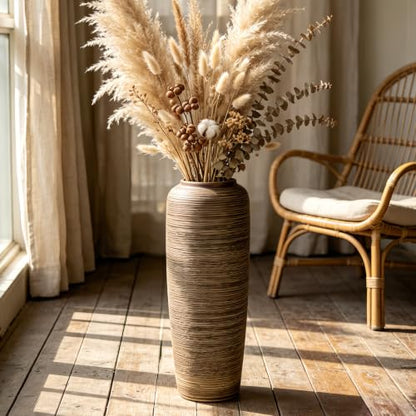 Brown Rustic Ceramic Floor Vase, 19.7 Inch, Ribbed Texture - size: 19.7 Inch