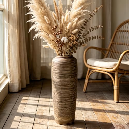 Brown Rustic Ceramic Floor Vase, 19.7 Inch, Ribbed Texture - size: 19.7 Inch