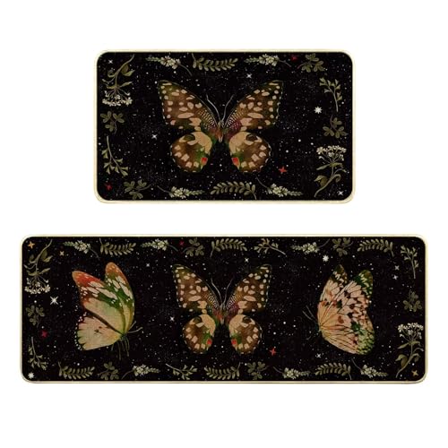 Butterfly Spring Kitchen Mats for Floor,Black Kitchen Rug Set of 2 Washable Floor Mats Non Slip Rubber Rugs Runner Comfort Standing Mat, Butterflies Print Rugs Runners for Sink,Desk,17x29+17x47 inch - color: Beige Green