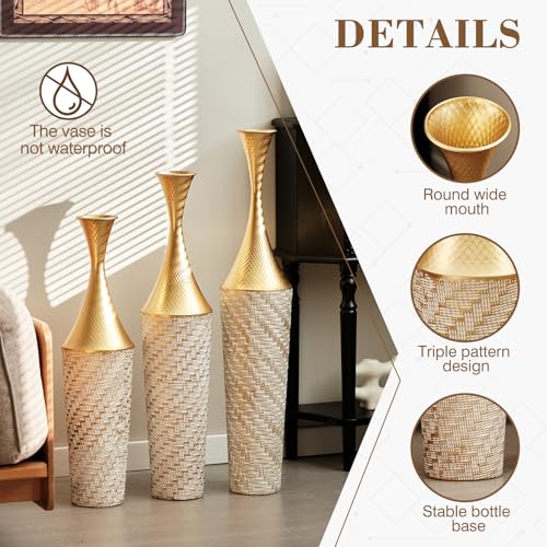 Metal Tall Floor Vase Set of 3, Large Gold Vase Decorative Tall Stand Vases for Dried Flower, Modern Home Decor for Living Room, Hallway, Wedding Centerpiece, 27.5"/31.5"/35.4", Woven Pattern Golden - color: Woven Pattern Golden
