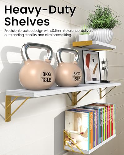 BAYKA Wall Mounted Floating Shelves (White and Gold, Set of 4, 16" Mixed) - color: B. White Board & Gold Brackets, size: 16 inches Mixed