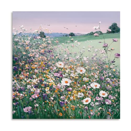 Wildflower Canvas Wall Art, Modern Green and Purple Floral Botanical Print, Multicolor Wildflower Meadow with Dragonfly Spring Pictures for Bedroom Bathroom Wall Decor, 12 X 12 Inches, Ready to Hang - color: Wildflowers, size: 12"L x 12"W