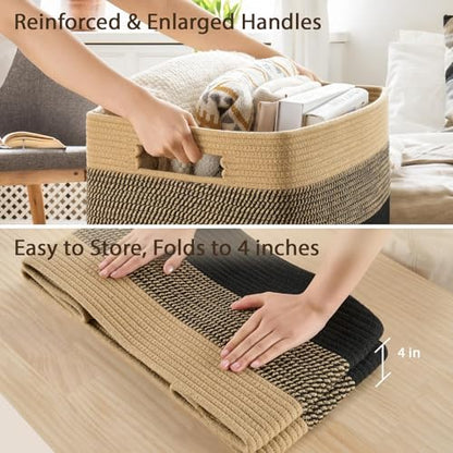 Optish 95L Large Woven Blanket Basket, Storage Basket with Handles - color: Black & Brown, size: 24" x 17" x 13.5"(95L)