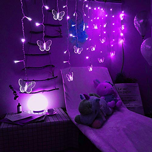 Butterfly Curtain Lights, 13ft 96 LED USB Window Fairy Lights 16 Butterflies 8 Modes Firefly Twinkle Timer String Lights with Remote for Room Bedroom Wall Ceiling Party Wedding Christmas - color: Purple, size: 13ft