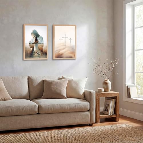 2pcs Framed Christian Wall Art Jesus Embracing Woman & Three Crosses16x24in - color: Jesus Woman Cross, size: 16x24in