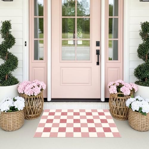Front Door Mat Outside Entrance - 2x3 Cute Pink White Checkered Rug - color: Checkered - Pink / White, size: 2' x 3' (Rectangular)