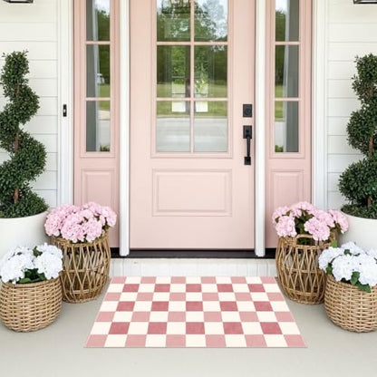 Front Door Mat Outside Entrance - 2x3 Cute Pink White Checkered Rug - color: Checkered - Pink / White, size: 2' x 3' (Rectangular)
