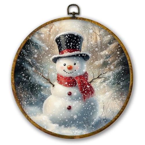 Mcehtle Vintage Winter Snowman Wall Art Decor, Christmas Snowy Forest Xmas Snowman Framed Canvas Prints 10x10, Rustic Cozy Holiday Round Wall Hanging Artwork Decorations for Home Bedroom Living Room - color: Colour 18