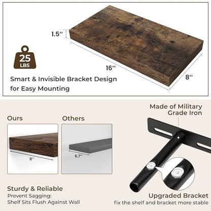 RICHFOCUS Bathroom Floating Shelves for Wall 2Pack|Rustic Brown|16" L - color: Rustic Brown, size: 15.7"L x 8"D, Set of 2