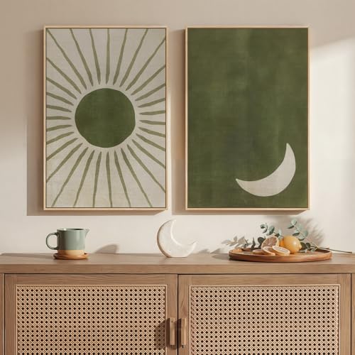 Framed Green Boho Abstract Mid Century Modern Wall Art Bedroom, 16x24 Inch - color: Green Beige, size: 16" W x 24" H x 2Pcs
