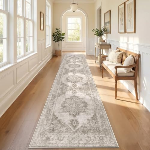 Runner Rug 2x10 Washable Rugs: Vintage Hallway Kitchen Runner Non Slip Low Pile Rug Runner Soft Stain Resistant Indoor Carpet Runners for Entryway Hall Bedroom Bedside (Taupe, 2'x10') - color: Taupe, size: 2' x 10' (Rectangular)