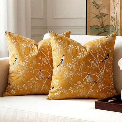 Decorative Velvet Pillow Covers 18x18 Set of 2, Bird Leaf Print Covers - color: Ochre