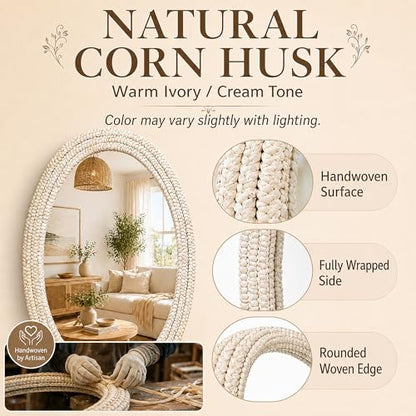 26"x39" Oval Wall Mirror, Handwoven Corn Husk, Whitewashed