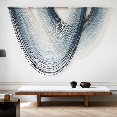 Macrame Wall Hanging Large handmade Navy Blue Ombre Fiber Art 57"W*39"L - color: Navy Blue