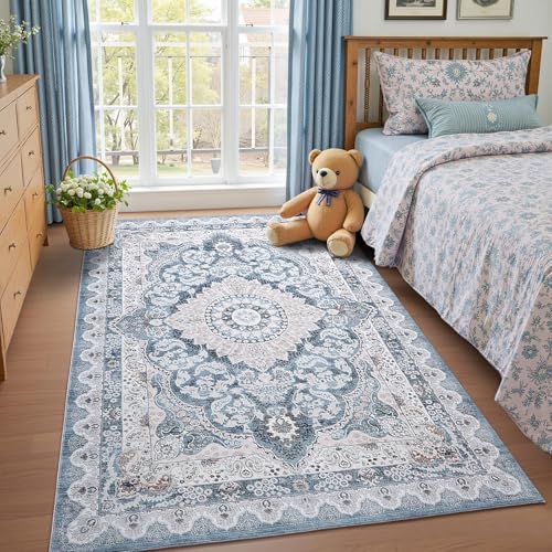 Macgace Washable Vintage Area Rug for Bedroom, 4x6 Cute Rugs Blue & Beige - color: Blue & Beige, size: 4' x 6' (Rectangular)