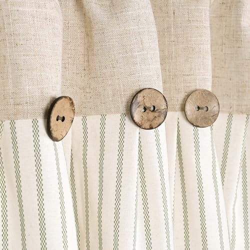 DOSLY IDÉES Farmhouse Linen and Cotton Green Striped Button Valance, Striped Pleated Design with Coconut Buttons, Multi-Room Window Treatment for Kitchen Living Room Bedroom, 52" W x 18" L - color: Linen & Green Stripe, size: 52"W x 18"L (Pack of 1)