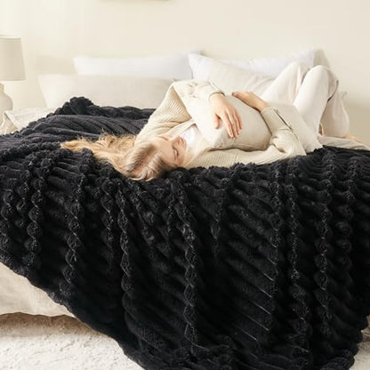 NEWCOSPLAY Fleece Ribbed Cozy Twin Blanket for Couch, Black, 60"x80" - color: Black Ribbed, size: Twin(60"x80")