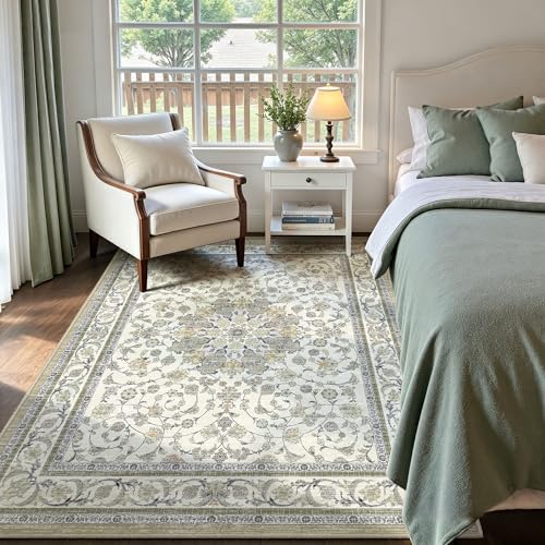 Arenarug 3x5 Area Rug for Entryway, Washable Distressed Vintage Boho Floral Rug, Soft Low Pile Non Slip Stain & Fade Resistant Carpet for Living Room, Bedroom, Kitchen, Ivory Cream Beige - color: Ivory / Pale Beige, size: 3' x 5' (Rectangular)
