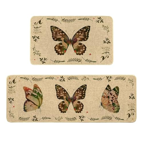 Butterfly Spring Kitchen Mats for Floor,Beige Kitchen Rug Set of 2 Washable Floor Mats Non Slip Rubber Rugs Runner Comfort Standing Mat, Butterflies Print Rugs Runners for Sink,Desk,17x29+17x47 inch - color: Black Green