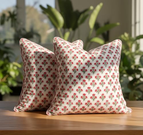 ATOSII Cotton Blockprint Throw Pillow Cover, Gulbahar Pink, 2 Pcs, 18 X 18 - color: Gulbahar, size: 18" x 18" (Pack of 2)