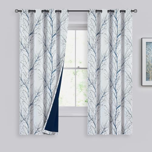 FMFUNCTEX 100% Blackout Blue Grey Tree Branch Curtains 63 Inch 2 Panels - color: Grommet | Blue, size: 52"W x 63"L (Pack of 2)