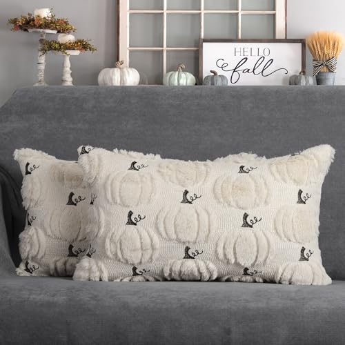 Fall Pumpkin Lumbar Pillow Covers 12x20 Set of 2 Beige Fall Farmhouse Decor - color: Beige Pumpkin, size: 20" x 12" (Pack of 2)