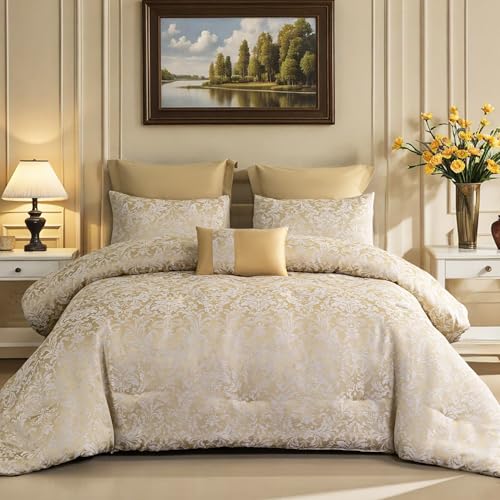 ALPHA HOME Queen Size Jacquard Bedding Comforter Set - All Season Luxurious Elegance with Cushion (1 Comforter, 2 Pillow Shams, 2 Euro Shams) - color: Champagne, size: Queen