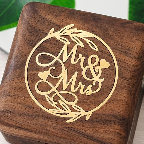 KWOOD Custom Wooden Wedding Ring Box for 2 Rings, Engraved Mr & Mrs Double Ring Holder for Wedding Ceremony Ring Bearer Box Anniversary Birthday Gift Ideas - style: G-Mr & Mrs