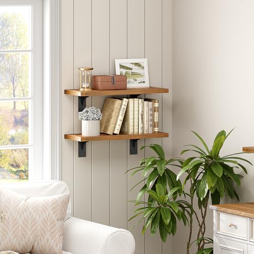 HOOBRO Floating Shelves for Wall, 15.7" Wall Mounted Shelves Set of 2 - color: Rustic Brown + Black, size: 15.7 Inches