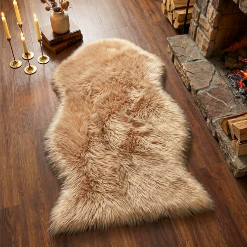 duduta Beige Faux Sheepskin Rug 2x3 ft, Small Faux Fur Chair Covers - color: Beige, size: 2' x 3' (Oval)