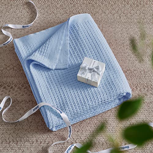 Bedsure 100% Cotton Blanket, Waffle Weave, Queen Size, Light Blue, 90"x90" - color: 09 Light Blue, size: Queen (90" X 90")