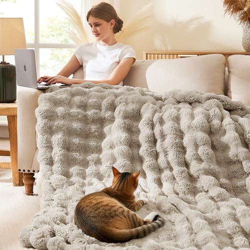 L'AGRATY Faux Rabbit Fur Throw Blanket for Couch, 60'' x 80'', Castle Grey - color: Castle Grey, size: 60" x 80"