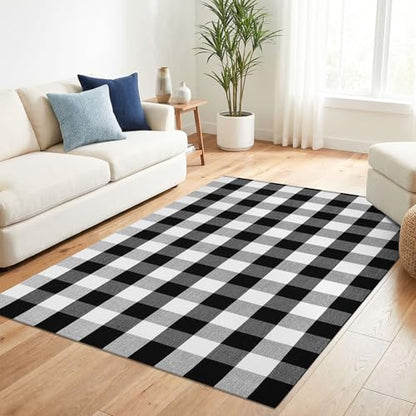 KILOCOCO Buffalo Plaid Checkered Rug 4x6 ft Black White Front Door Rug - color: Black and White, size: 4' x 6' (Rectangular)