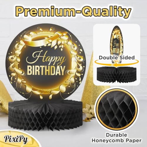 Happy Birthday Table Decoration Centerpieces - (4 Pack, Black & Rose Gold), Double-Sided Happy Birthday Centerpieces for Tables - Party Supplies for Elegant Birthday Decorations by PixiPy - style: Black & Gold (Pack of 4)