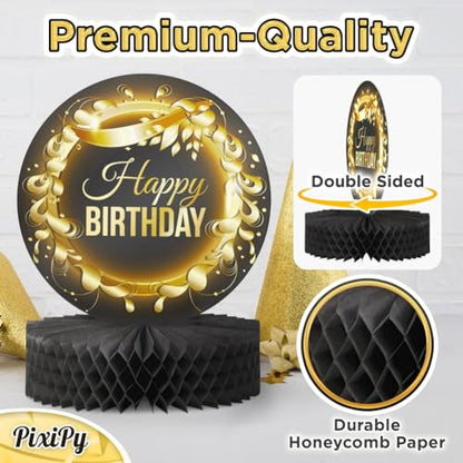Happy Birthday Table Decoration Centerpieces - (4 Pack, Black & Rose Gold), Double-Sided Happy Birthday Centerpieces for Tables - Party Supplies for Elegant Birthday Decorations by PixiPy - style: Black & Gold (Pack of 4)