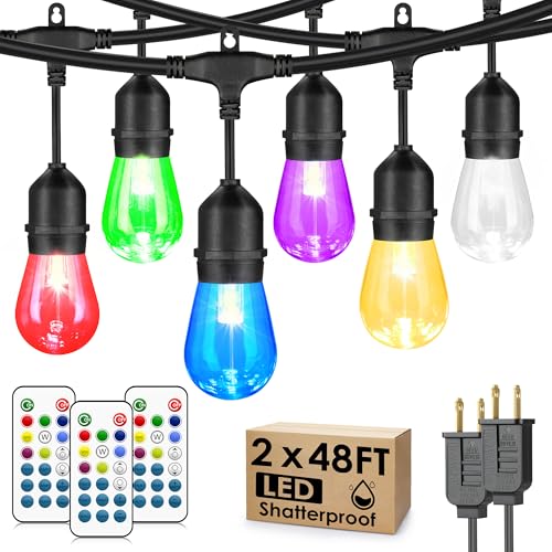 Larkvue 96FT(2X48FT) RGBW Outdoor String Lights with Remote, 8 Modes, Black