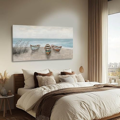 Coastal Boat Canvas Wall Art Beige Blue for Living Room 24x48 Inch - color: Blue and Brown, size: 48"L x 24"W