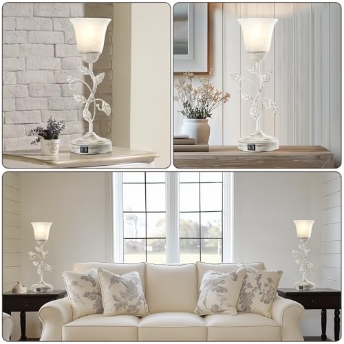 Set of 2 Rustic Touch Table Lamps for Bedroom 2 USB C+A - color: 2 Pack - Retro White