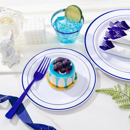 WELLIFE 350 Pieces Blue Plastic Plates - Disposable Silverware and Cups, Include: 50 Dinner Plates 10.25”, 50 Dessert Plates 7.5”, 50 Blue Cups 9 OZ, 50 Plastic Cutlery - color: Blue, style: 350PCS（50 Guests）