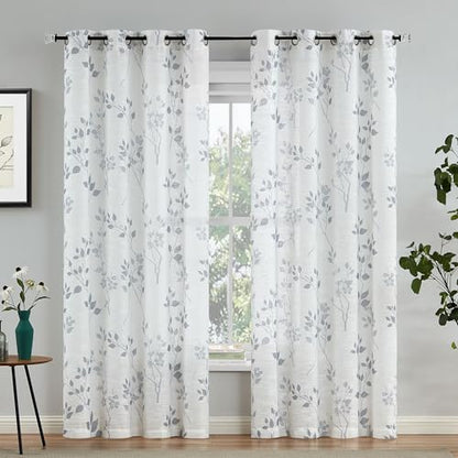 Beauoop Floral Linen Semi Sheer Curtains Living Room Grey 50x108 2 Panels - color: Grommet | Grey, size: 50"W x 108"L (Pack of 2)