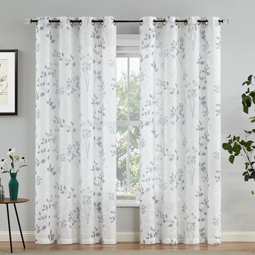Beauoop Floral Linen Semi Sheer Curtains Living Room Grey 50x108 2 Panels - color: Grommet | Grey, size: 50"W x 108"L (Pack of 2)