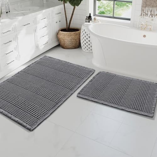 H.VERSAILTEX Waffle Bath Mat Super Absorbent Bathroom Mats Non Slip Bath Rugs for Bathroom Floor Machine Washable Ultra Soft Bathroom Rugs for Beside Tub, (32 x 20 Plus 24 x 17 - Inches, Grey) - color: Grey, size: 20" x 32" Plus 17" x 24"