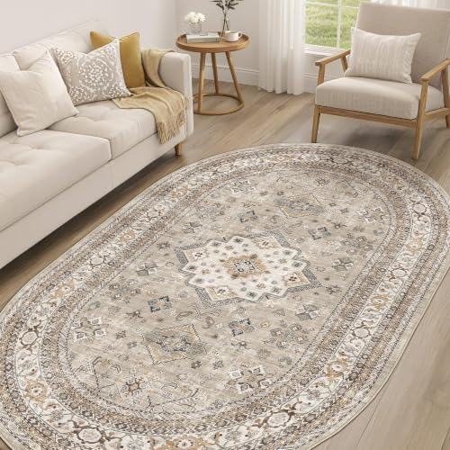 cotiled 5x8 Ellipse Area Rug for Living Room, Washable, Traditional, Beige - color: Beige, size: 5' x 8' (Oval)