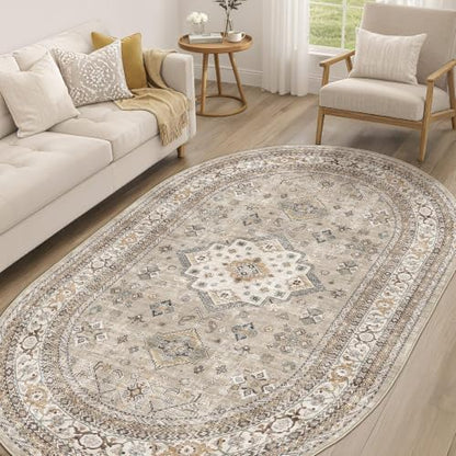 cotiled 5x8 Ellipse Area Rug for Living Room, Washable, Traditional, Beige - color: Beige, size: 5' x 8' (Oval)