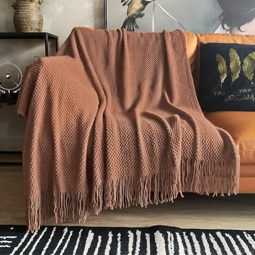 LOMAO Knitted Throw Blanket with Tassels Bubble Textured Lightweight Throws for Couch Cover Home Decor (Caramel, 50x60) - color: Caramel, size: 50x60"
