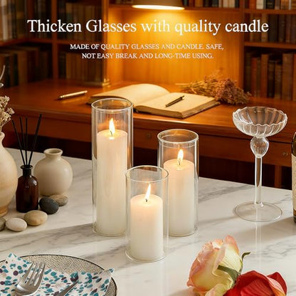 24 Pcs Glass Hurricane Candle Holders Set - White Pillar Candles with Clear Glass Cylinder Vases (12 Candles + 12 Vases) for Wedding, Dating, Party, Table Centerpiece Decor - size: 24 Pcs