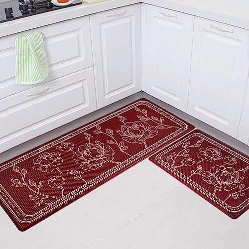 Kitchen Floor Mat Set of 2, Anti Fatigue Kitchen Mat 20"x32"+20"x47" - color: Red, size: 20"x32"+20"x48"